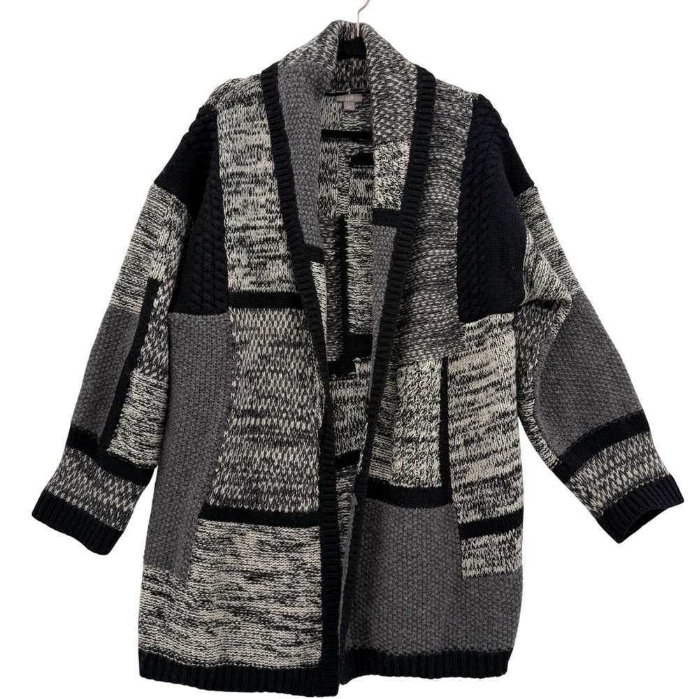 J.Jill Patchwork‎ Cardigan Wool Blend Large Black Gray Oversized Chunky Slouchy